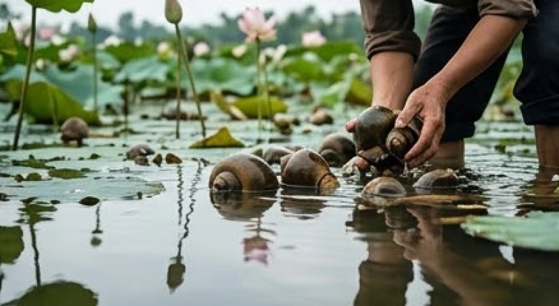Người nông dân đang lội bùn bắt ốc nhồi tại một ao sen yên bình