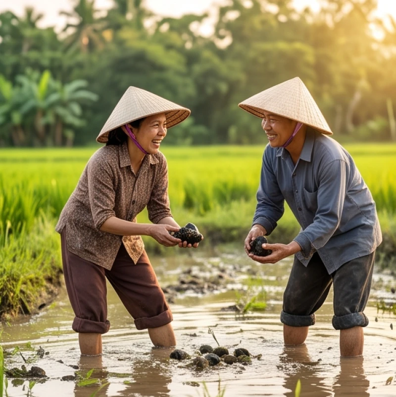 Nhóm người nông dân cười nói rôm rả khi cùng nhau xắn quần lội bùn bắt ốc trên cánh đồng quê thanh bình