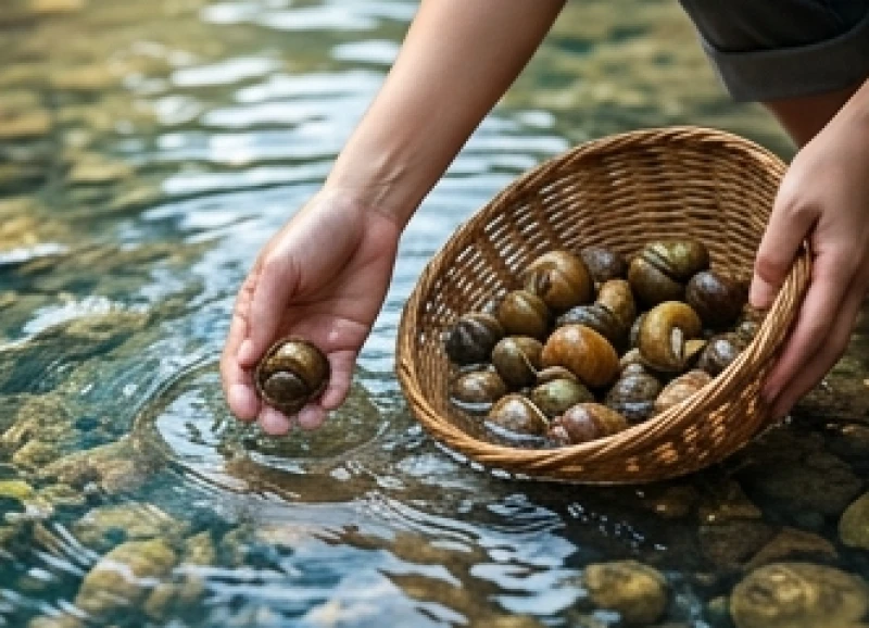 Đôi bàn tay khéo léo đang gom những con ốc tươi ngon dưới làn nước suối trong veo