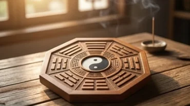 La bàn phong thủy bằng gỗ chạm khắc chi tiết các quẻ bát quái và vòng ngũ hành âm dương