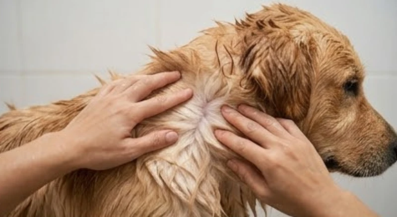 Mơ thấy tắm cho chó: Giải mã điềm báo và con số may mắn 5 Đôi bàn tay đang tỉ mỉ vạch bộ lông ướt của chú chó để làm sạch và kiểm tra bọ chét