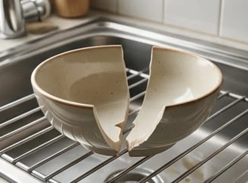 Chiếc bát sứ trắng tự động nứt làm hai nửa hoàn hảo trên giá để đồ khô