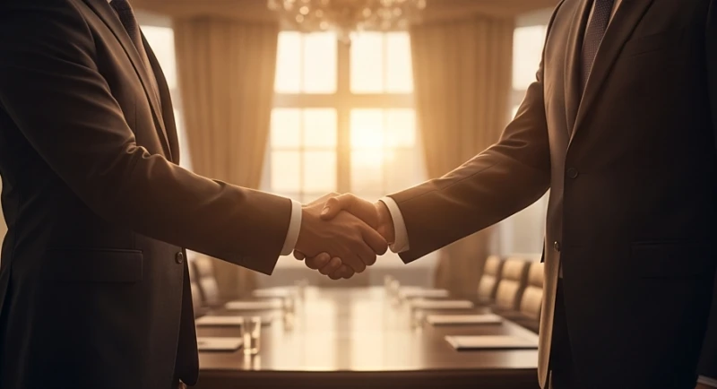 Hai người đàn ông mặc vest sang trọng đang bắt tay nhau trong một không gian hội nghị ngập tràn ánh sáng ấm áp