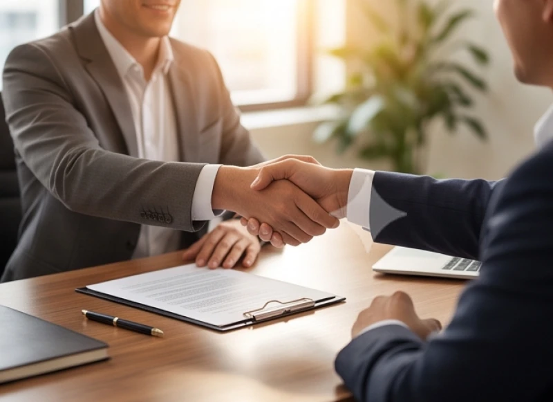 Hai đối tác doanh nhân bắt tay ký kết hợp đồng thành công trên bàn làm việc ngập tràn ánh sáng mặt trời
