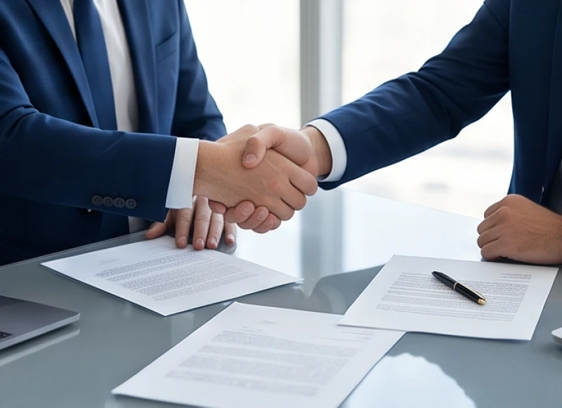 Hai người đang bắt tay hợp tác kinh doanh trên nền tảng hồ sơ pháp lý và hợp đồng minh bạch