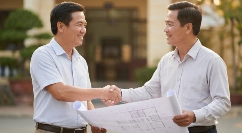 Tuổi Dần năm 2027 có phạm Thái Tuế không: trình tự cúng giải hạn 15 Hai người đàn ông trung niên bắt tay nhau thể hiện sự tin tưởng khi thực hiện thủ tục mượn tuổi động thổ xây nhà