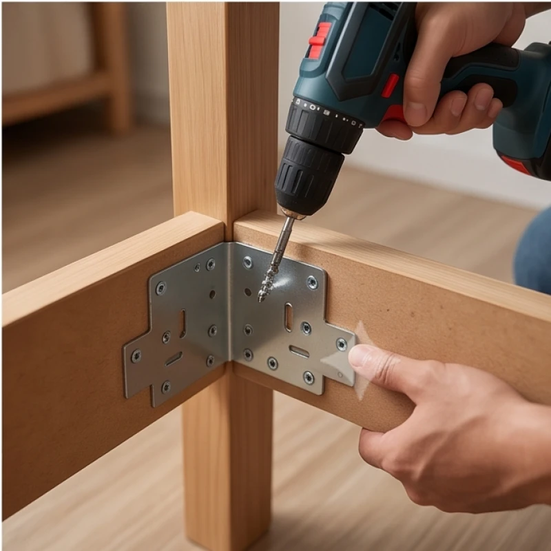 Thợ mộc dùng máy khoan bắt vít ke góc sắt để gia cố lại khung giường gỗ công nghiệp bị lỏng lẻo