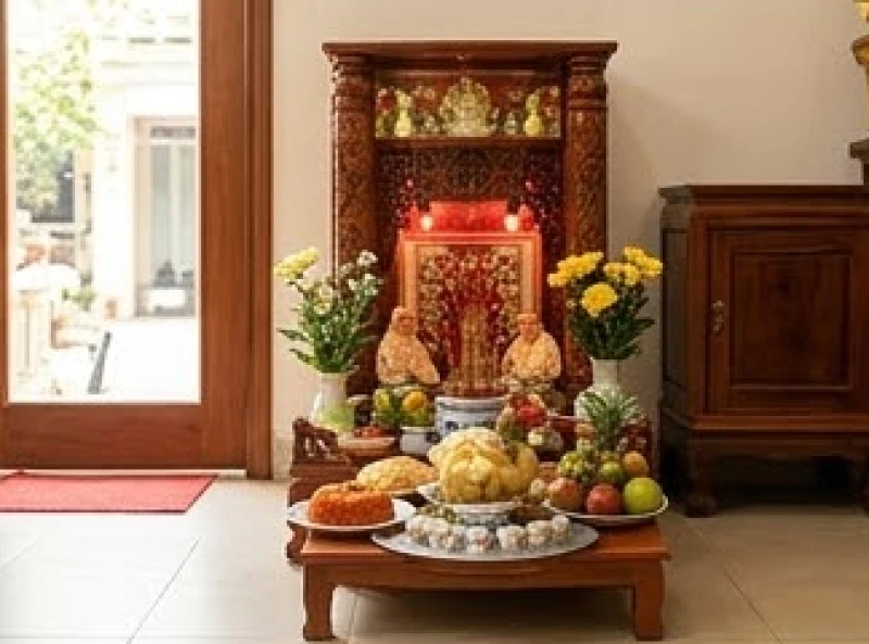 Mâm lễ được đặt tươm tất ngay ngắn phía trước ban thờ Thần Tài Thổ Địa trong một không gian hẹp