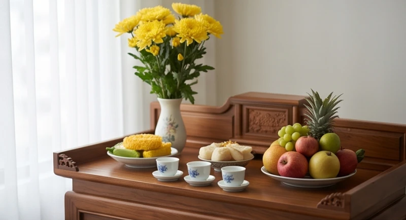 Mâm lễ chay thanh tịnh với hoa cúc vàng, đĩa ngũ quả tươi và ba chén nước lọc được sắp xếp vô cùng trang nghiêm
