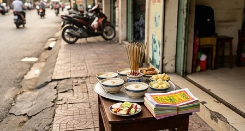 Mâm lễ cúng chúng sinh được đặt cẩn thận ở mép vỉa hè hướng ra ngoài để không rước vong vào nhà