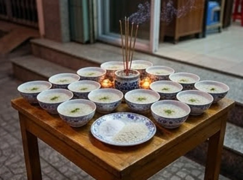 Đĩa muối gạo và các bát cháo trắng loãng bày trên bàn cúng trước hiên nhà