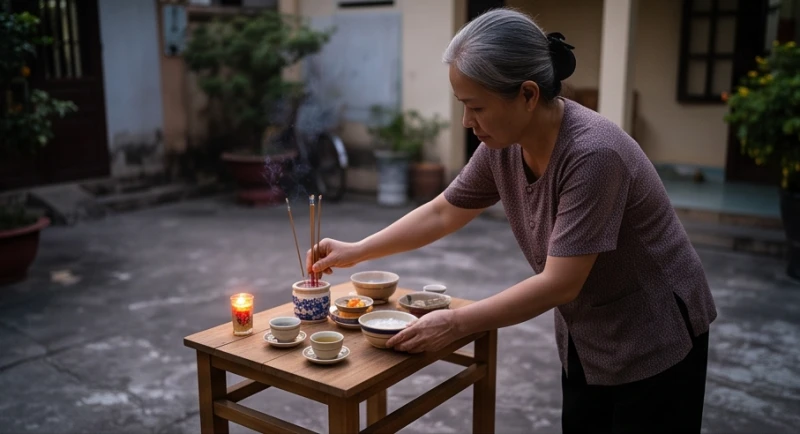 Văn khấn cúng thí thực hàng tháng: Bản chuẩn Phật giáo tại gia 1 Gia chủ cẩn thận sắp xếp bàn cúng cô hồn ngoài sân với đầy đủ các lễ vật chay tịnh và nhang đèn