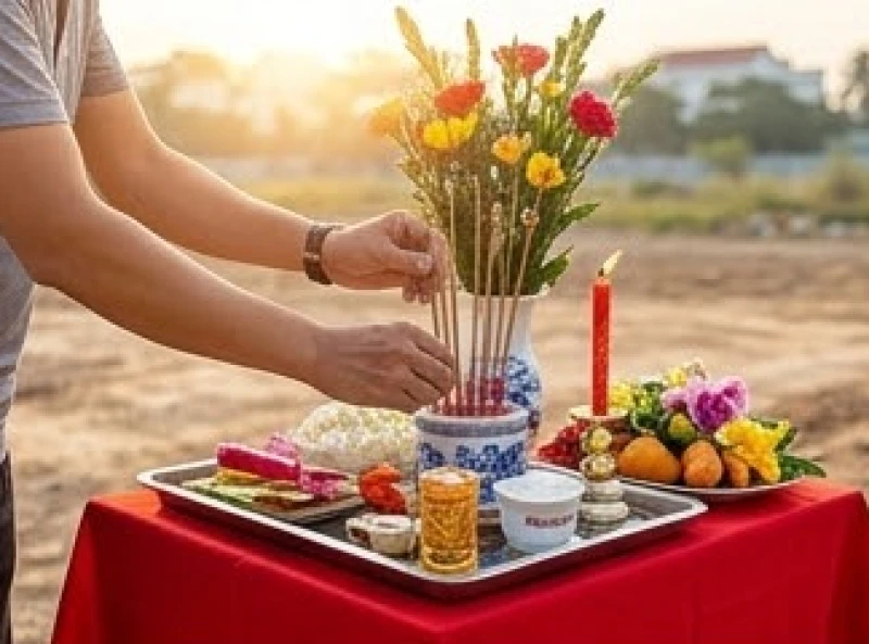 Văn khấn động thổ xây nhà: Bài cúng chuẩn và thủ tục trọn vẹn 1 Gia chủ đang bày biện mâm cúng động thổ với đầy đủ nhang đèn, xôi gà và hoa tươi trên chiếc bàn phủ khăn đỏ