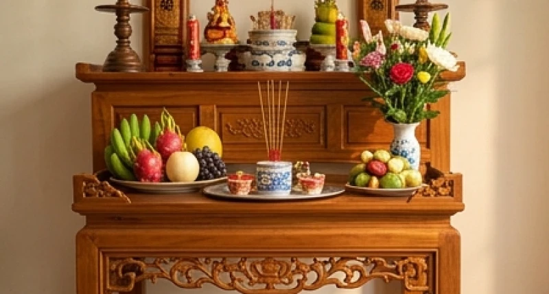 Văn khấn Thổ Công mùng 2 Tết: Bài cúng chuẩn và cách sắm lễ 6 Mâm lễ vật được xếp gọn gàng trên mặt kỷ nhỏ đặt ngay dưới ban thờ Thổ Công trong nhà