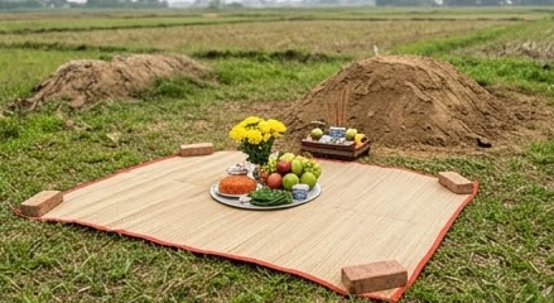 Văn khấn tảo mộ đầu năm: Bài cúng chuẩn và sắm lễ tránh phạm kỵ 5 Mâm đồ cúng được đặt cẩn thận trên chiếc chiếu nhỏ trải cạnh ngôi mộ đất để giữ vệ sinh và sự trang nghiêm