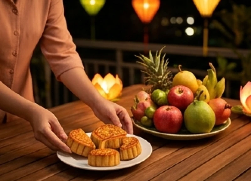 Sắp xếp bánh nướng bánh dẻo và mâm ngũ quả cúng trăng rằm tháng Tám