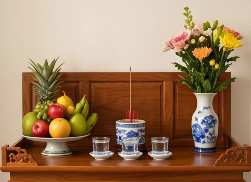Bình hoa đặt bên phải và đĩa trái cây đặt bên trái bát hương theo chuẩn phong thủy