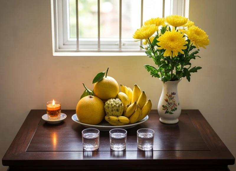 Mâm lễ nhỏ gọn với hoa quả màu vàng và nước tinh khiết đặt trên ban thờ gia tiên
