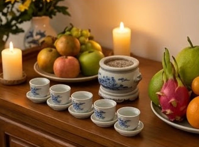Bố cục bày trí mâm lễ trên bàn thờ với kỷ nước và đĩa trái cây được sắp xếp đúng nguyên tắc phong thủy