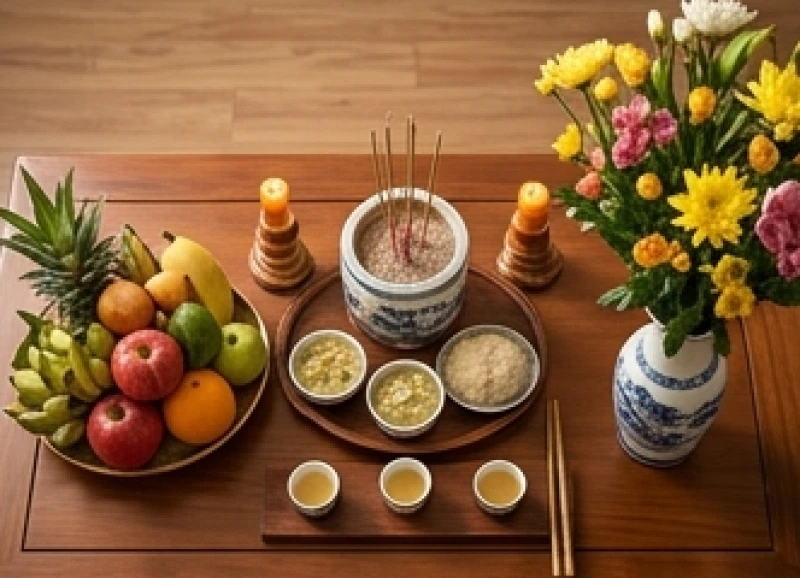 Văn khấn Thổ Công ngày rằm: Bài cúng chuẩn và quy trình hạ lễ 8 Mâm cúng xôi gà được sắp xếp ngay ngắn đằng trước bát hương trên bàn thờ bằng gỗ tinh xảo