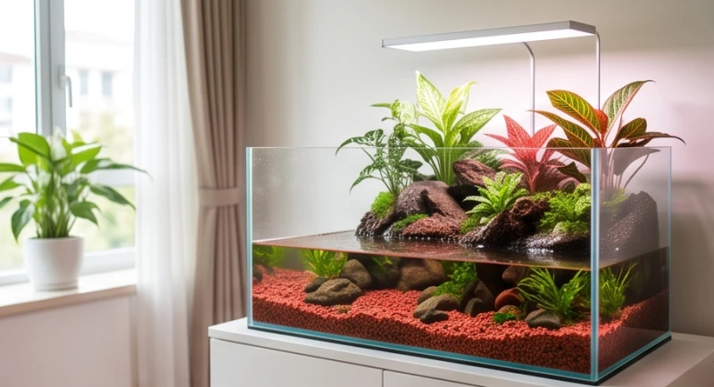 Bể cá phong thủy tuổi Dậu: Bảng tra nạp âm và cách hóa giải 1 Bể cá bán cạn trải sỏi đỏ giúp người tuổi Dậu mệnh Hỏa hóa giải xung khắc phong thủy