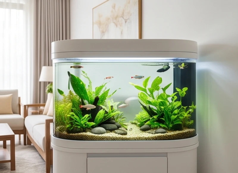 Bể cá cảnh hình oval đặt tại góc phòng khách giúp kích hoạt năng lượng hành Thủy mạnh mẽ