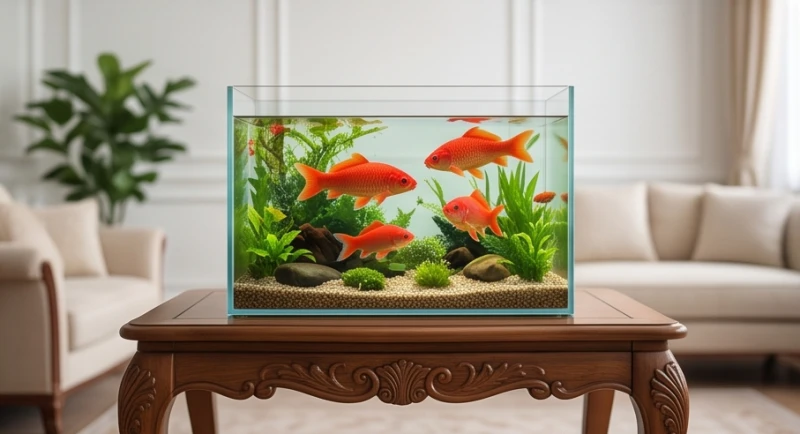 Mơ thấy cá chép đỏ: Giải mã điềm báo và cách hóa giải điềm xấu 7 Bể cá thủy sinh mini với những chú cá chép đỏ bơi lội tung tăng được đặt trên bàn gỗ phòng khách