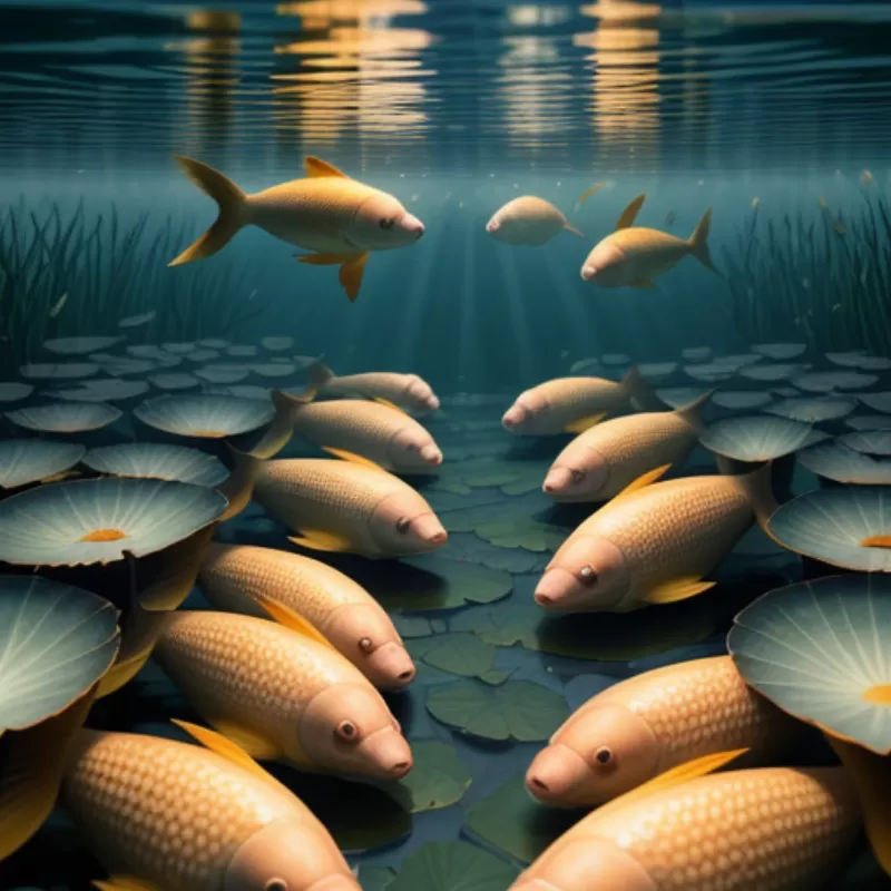 Bể cá chép vàng bơi lội trong hồ sen