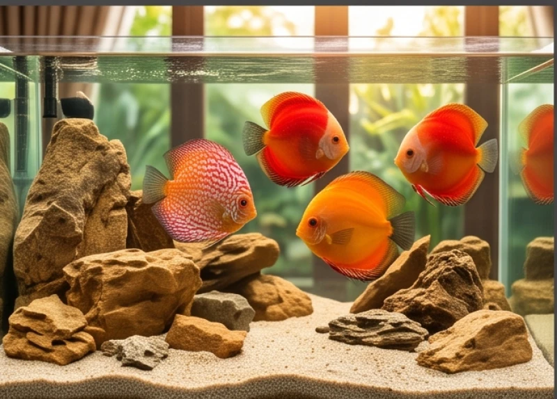 Đàn cá dĩa mang sắc cam rực rỡ bơi lội tĩnh lặng giữa những phiến đá trầm tích dưới đáy hồ