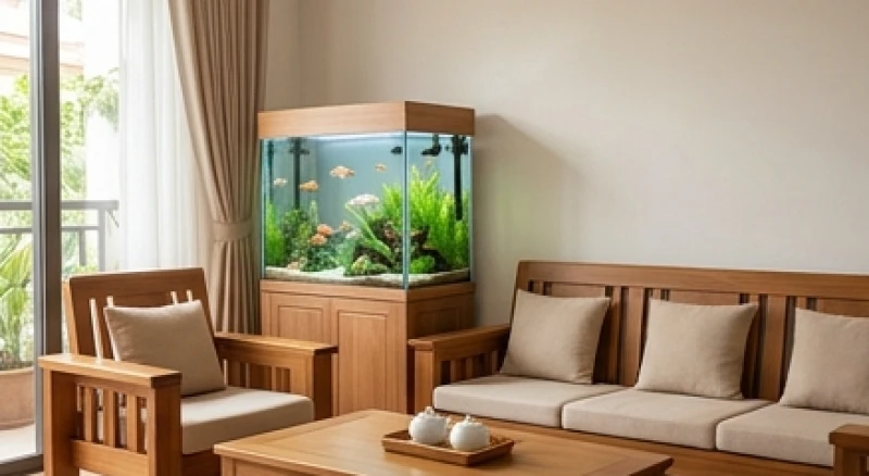 Bể cá phong thủy tuổi Thân: Bảng nạp âm, dáng bể & cách hóa giải 3 Bể cá cảnh đặt ở góc Đông Nam phòng khách bên cạnh bộ sofa gỗ