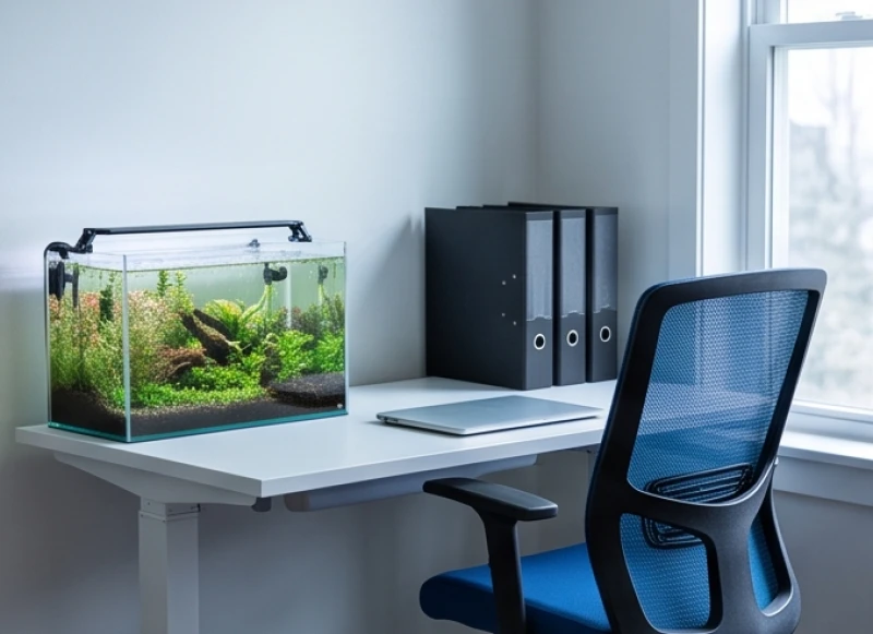 Bể cá thủy sinh mini đặt ở góc bàn làm việc cùng các tệp hồ sơ màu đen gọn gàng