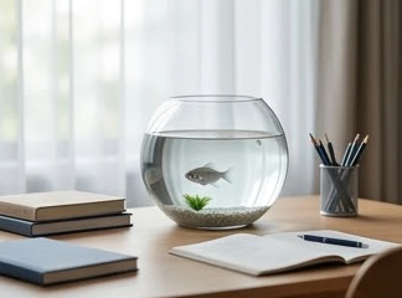 Một chiếc bể cá thủy tinh mini với làn nước trong vắt được đặt tinh tế trên bàn học, giúp trung hòa ngũ hành