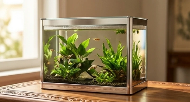 Bể cá thủy sinh mini để bàn với viền kim loại sáng bóng dành cho người mệnh Thủy