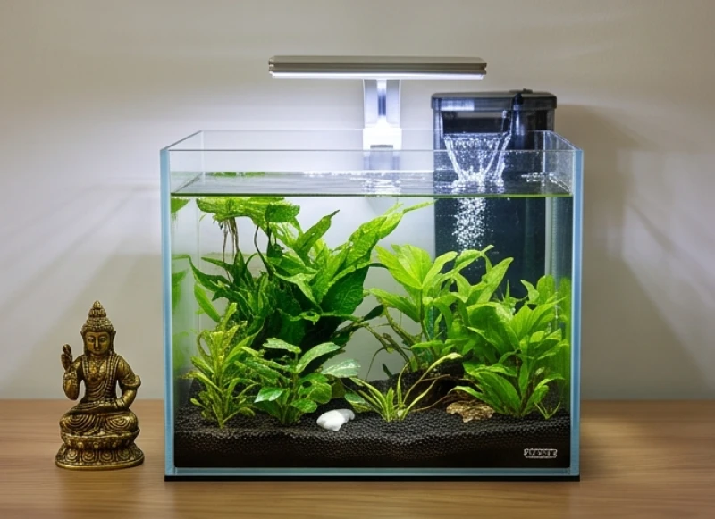 Bể cá thủy sinh mini với dòng nước chảy tuần hoàn êm ái đặt cạnh một bức tượng đồng thau nhỏ trên bàn