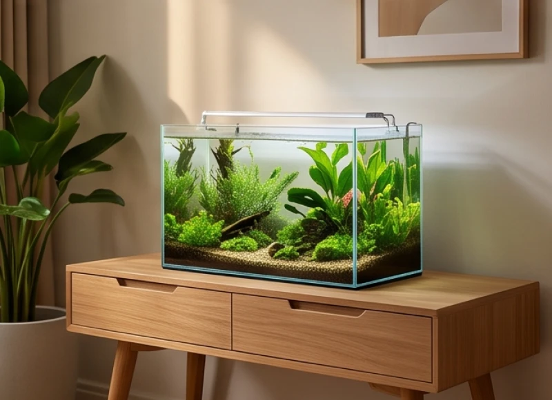 Bể cá thủy sinh nhỏ gọn với cây xanh và làn nước trong vắt được đặt trên kệ tủ gỗ phòng khách
