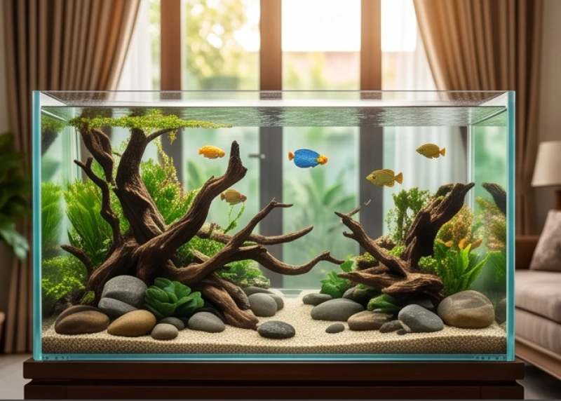 Bể thủy sinh thiết kế cân bằng ngũ hành với đàn cá rực rỡ bơi lội tại phòng khách vượng khí