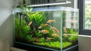 Bể cá phong thủy tuổi Tuất với ánh sáng tự nhiên đặt tại góc phòng khách hiện đại