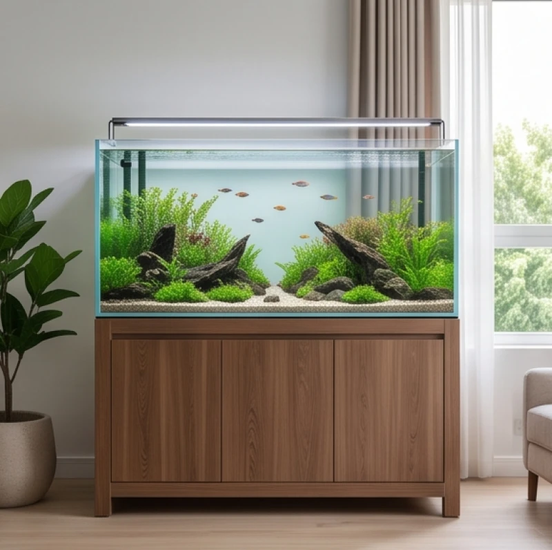 Bể cá phong thủy tuổi Sửu: Cấu hình chuẩn nạp âm và kích thước 1 Bể cá thủy sinh trong phòng khách thiết kế theo đúng nạp âm ngũ hành của gia chủ