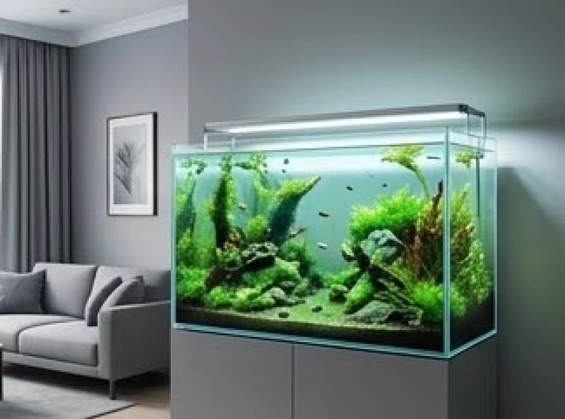 Bể cá thủy sinh nhỏ gọn bố trí tinh tế trong phòng khách tông xám giúp luân chuyển và hóa giải luồng năng lượng xấu