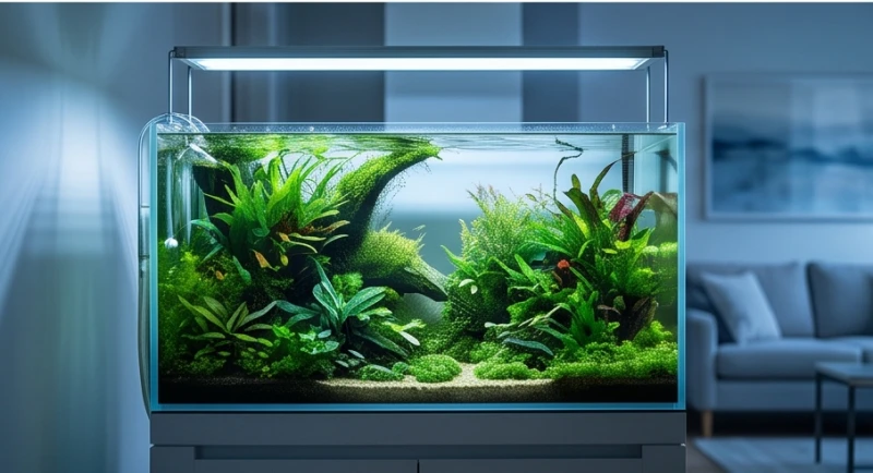Bể cá thủy sinh nhỏ gọn với dòng nước luân chuyển êm ái đặt tinh tế trong không gian phòng khách