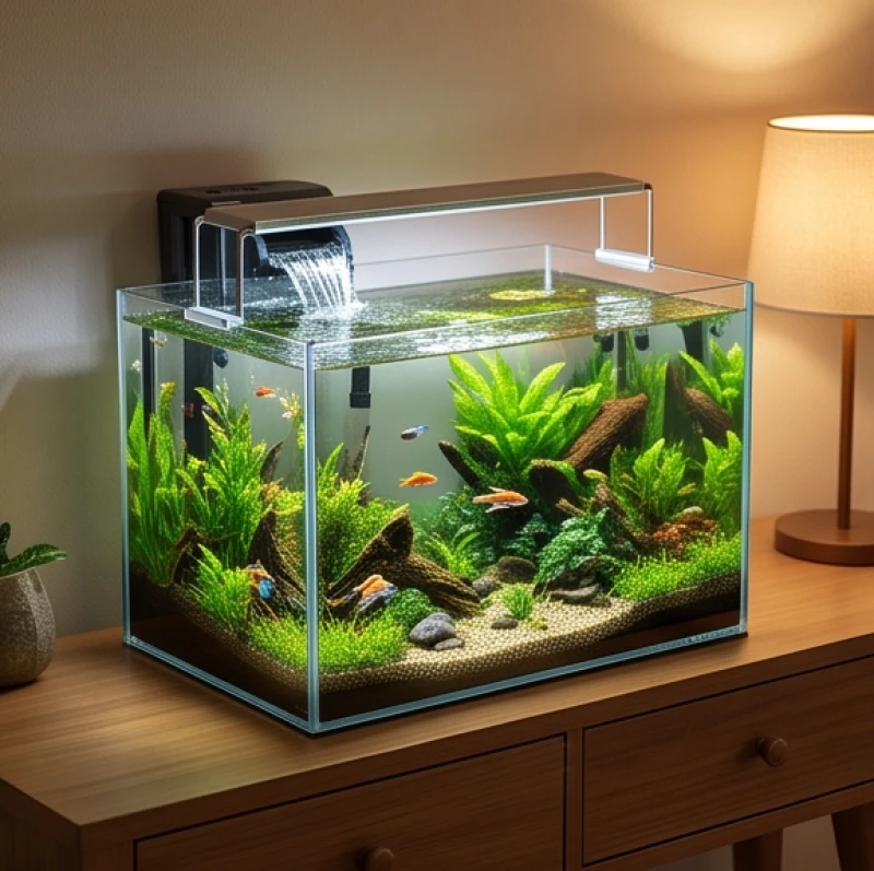 Tang Đố Mộc là gì: Ý nghĩa, hợp kỵ và cách bài trí phong thủy 9 Bể cá thủy sinh mini với những tán lá xanh và dòng nước luân chuyển giúp hóa giải hướng nhà xấu hiệu quả