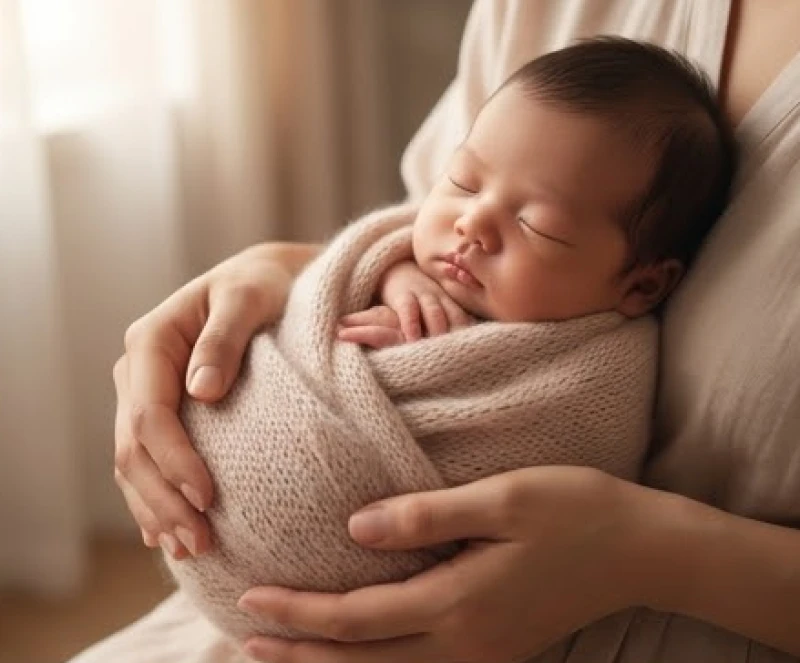 Bàn tay người lớn âu yếm bế một em bé gái sơ sinh đang ngủ ngoan ngoãn trong lớp chăn mỏng