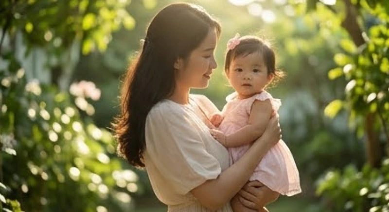 Người mẹ ân cần ẵm một em bé gái xinh xắn dạo chơi trong khu vườn ngập tràn ánh nắng ấm áp