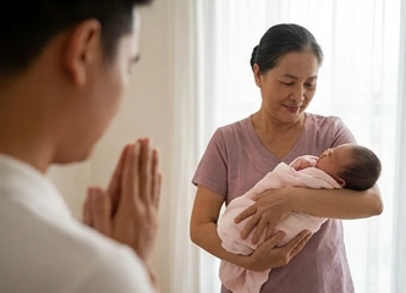 Người bà cẩn thận bế em bé sơ sinh đứng cách xa bàn thờ đang tỏa khói hương để bảo vệ hệ hô hấp cho trẻ