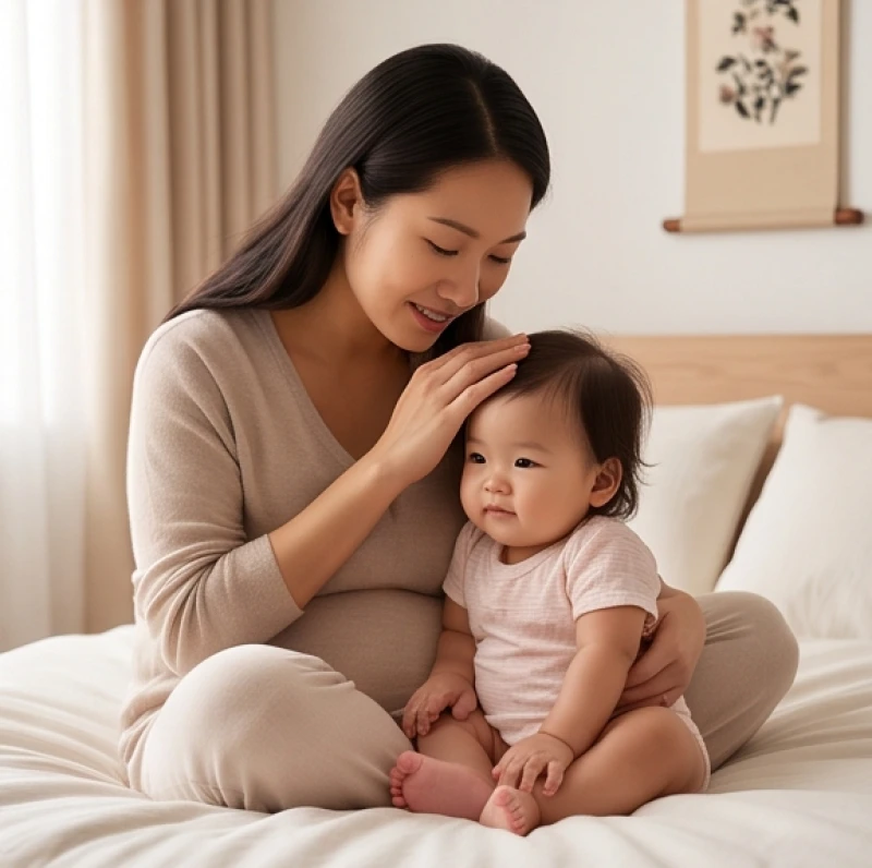 Mẹ nhẹ nhàng vuốt ve mái tóc con gái nhỏ trong không gian phòng ngủ thanh bình, tượng trưng cho gia đạo viên mãn