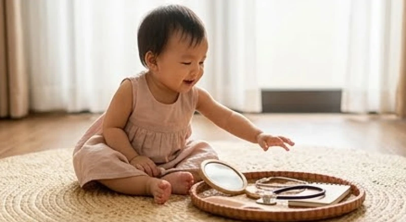 Văn khấn thôi nôi bé gái: Bài cúng Mụ chuẩn và mâm lễ 3 miền 6 Bé gái vui vẻ ngồi trên thảm và tò mò quan sát mâm đồ vật dự đoán nghề nghiệp