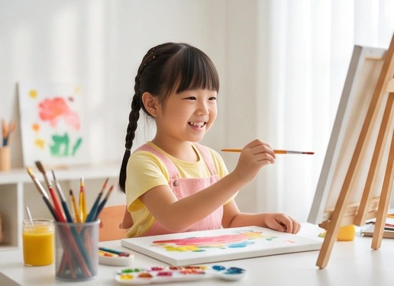 Bé gái cung Tốn Mộc năng động thể hiện sự sáng tạo qua bức tranh đầy màu sắc