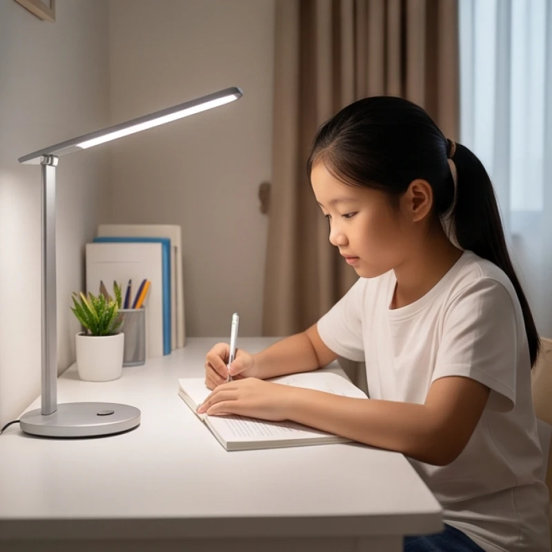 Bé gái ngồi học bài tập trung dưới ánh đèn bàn màu trắng với tư thế ngồi thẳng lưng và khoảng cách chuẩn