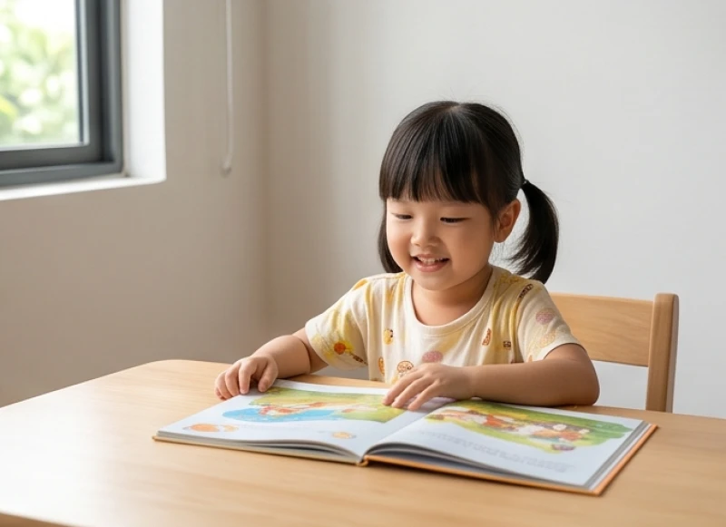 Góc bàn học của bé gái được xoay ghế hướng về phía có ánh sáng ấm áp