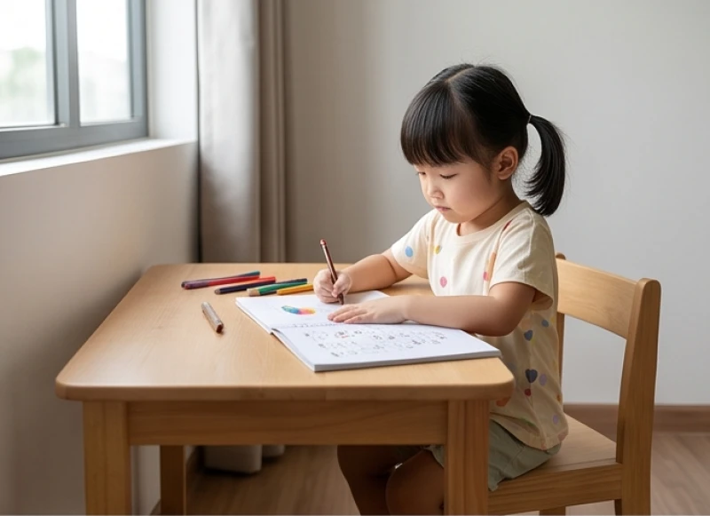 Bé gái mầm non ngồi học ngay ngắn tại chiếc bàn gỗ nhỏ đón ánh sáng tự nhiên